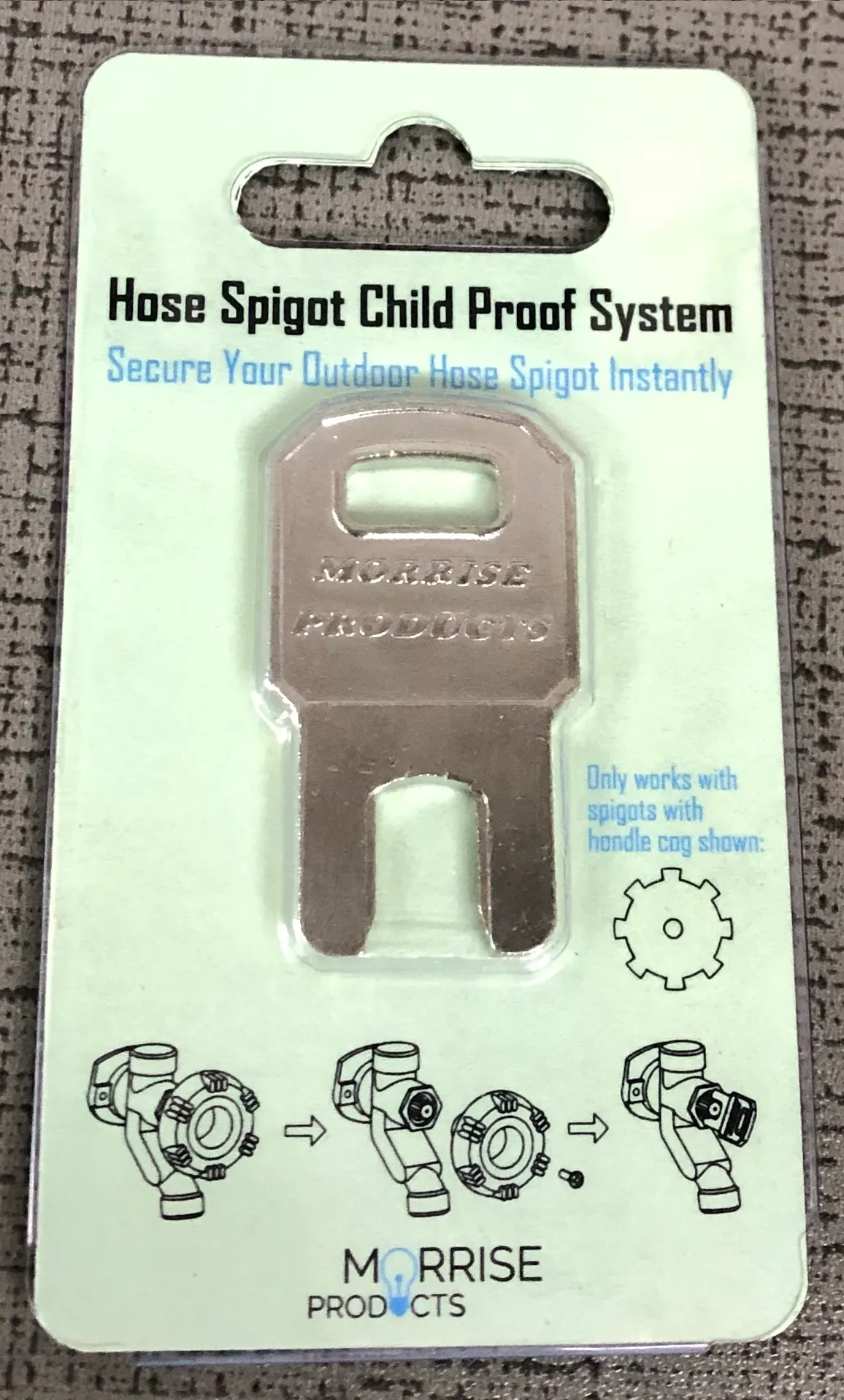 Retail blister card reading “Hose Spigot Child Proof System — Secure Your Outdoor Hose Spigot Instantly”, holding the stamped key, with install diagrams and a cog symbol below.