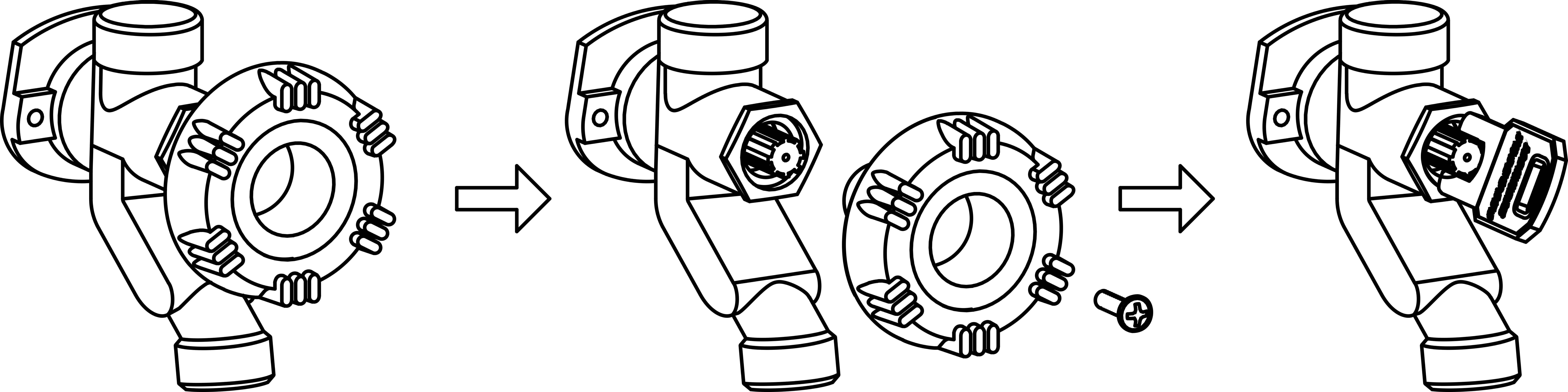 Three-step line drawing: the spigot with its original handle, then the handle and screw removed exposing the splined stem, then the replacement cap fitted and the key inserted.