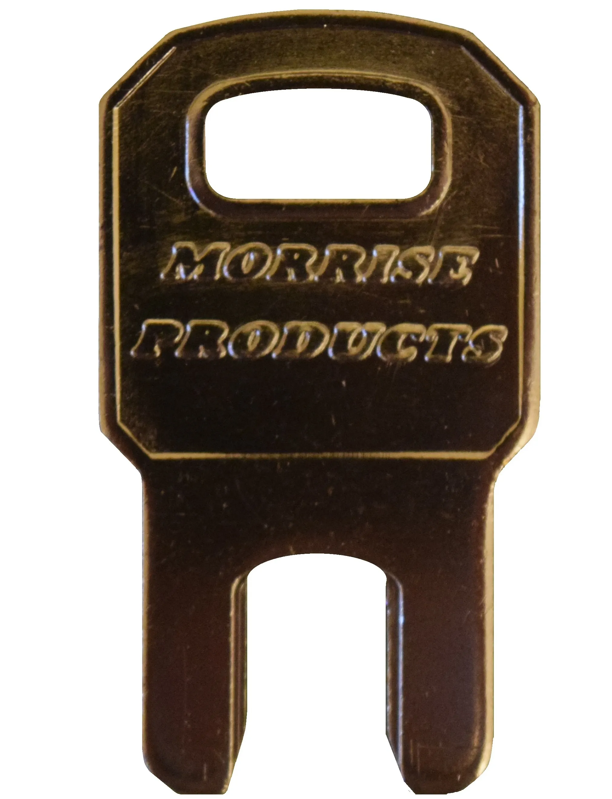 The flat brass-finished steel key, stamped “Morrise Products”, with a slotted tip and an oblong hole for a keyring.